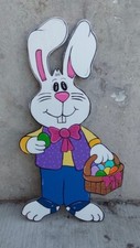 Happy Easter Bunny with Basket Wood Outdoor Yard Art Sign, Easter Outdoor Decor