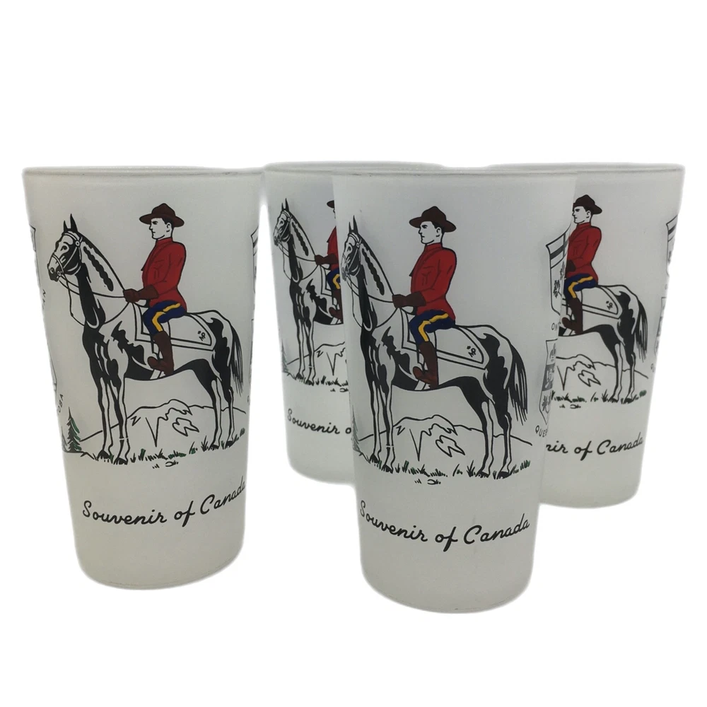 Tumbler Set 4 Canadian Royal Mounties Frosted Glass Souvenir of Canada Barware