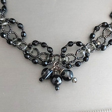 Vintage Victorian Style Choker Necklace Micro Beaded Black Gray 13.5" - 15"