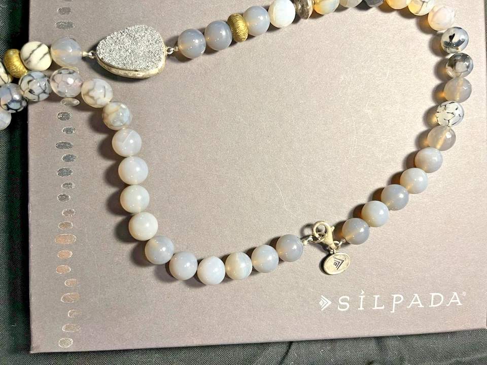 Ret., Vin. Collar Silpada Oda a Geoda-32" Gris Druzy,, Hematita, Cuentas de Plata Foto 3 de 3