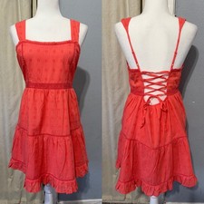 American Eagle Mini Dress L Coral Pink 100% Cotton Dobby Tiered Lace Up Back Sun