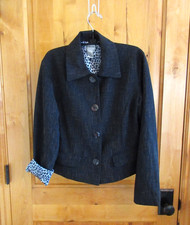 CHICO'S SIZE 0 TWEED JACKET LARGE SHELL BUTTONS ANIMAL PRINT LINING BROWN COLLAR