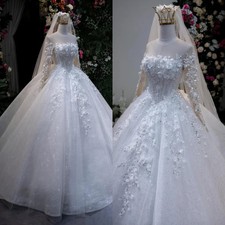 Luxury 3D Decal Ball Dress Phantom Long Sleeve Sparkling Wedding Dress A-line