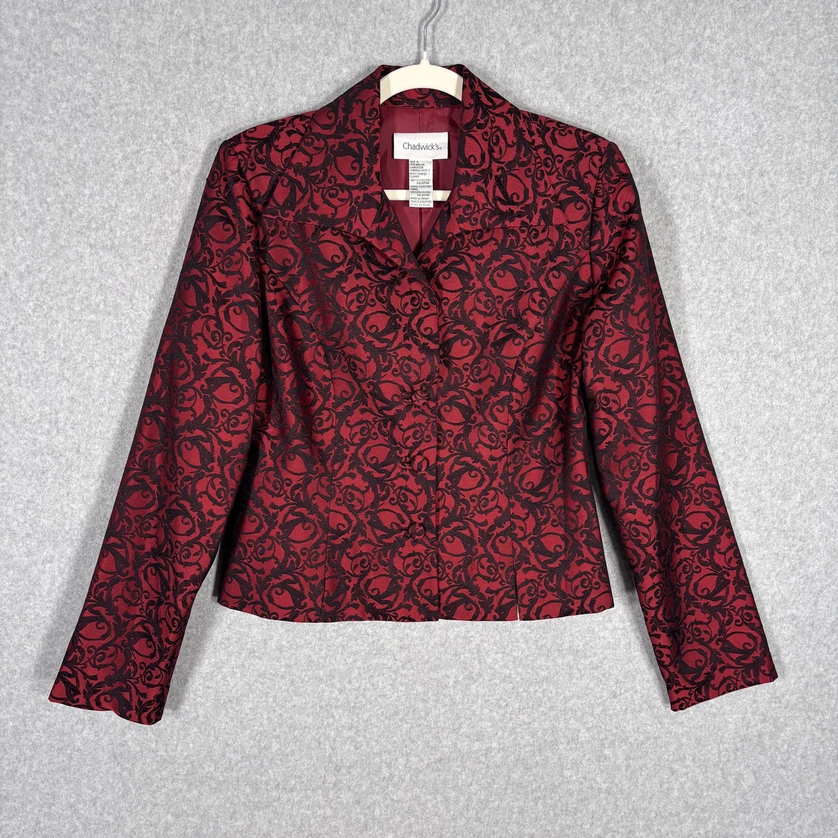 Blazer Chadwicks Rouge Brodé Floral - Col En Daim Marron - Taille 8 - Neuf Sans étiquette