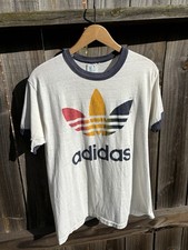 Vintage 80s Adidas Trefoil Rainbow Logo Streetwear Single Stitch Ringer Shirt M