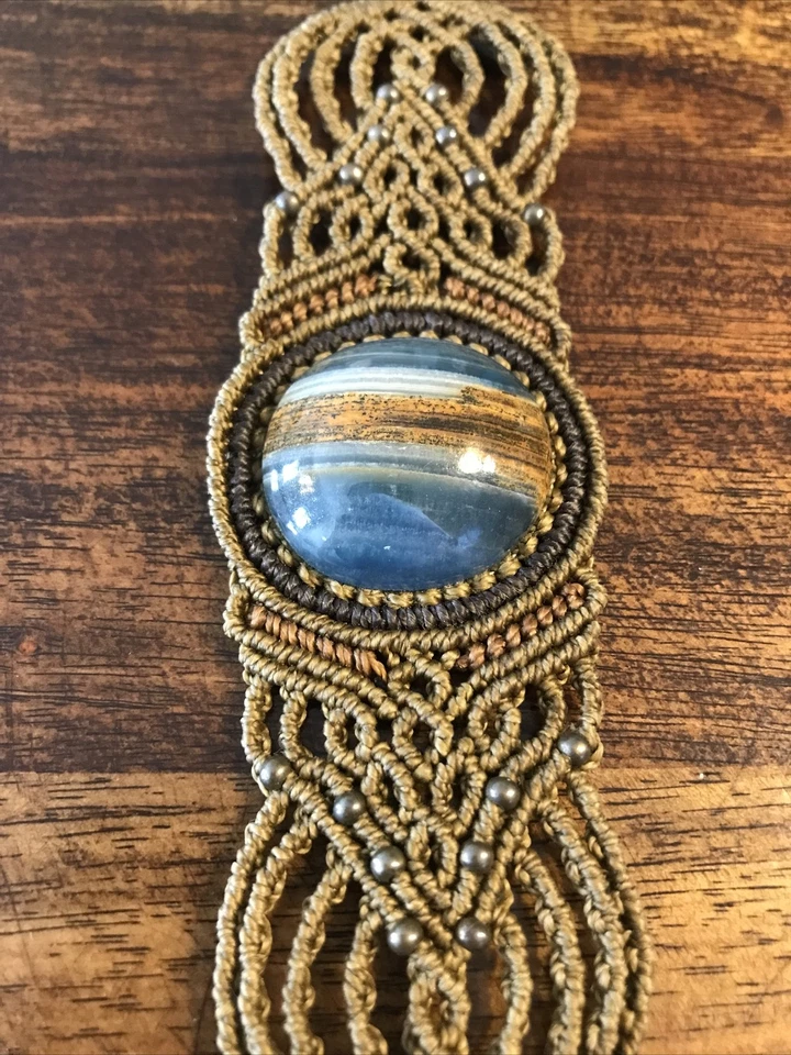 Brazalete Macramé Azul Ónix Calcita Cristal Piedras Preciosas Boho Foto 2 de 4