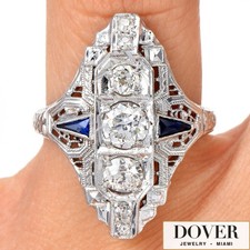 Estate Diamond Sapphire 18K White Gold Geometric Filigree Navette Ring 4.0 Gr NR