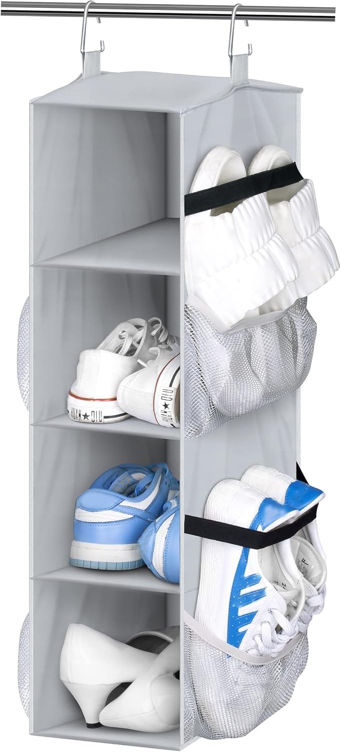 Space-saving mesh shoe organizer with side pockets for closet storage-image