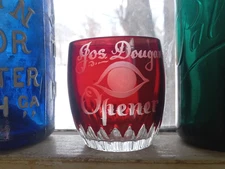 JOS.DOUGAN'S EYE OPENER RARE 1890s RUBY STAINED CUT ENGRAVED WHISKEY SHOT GLASS