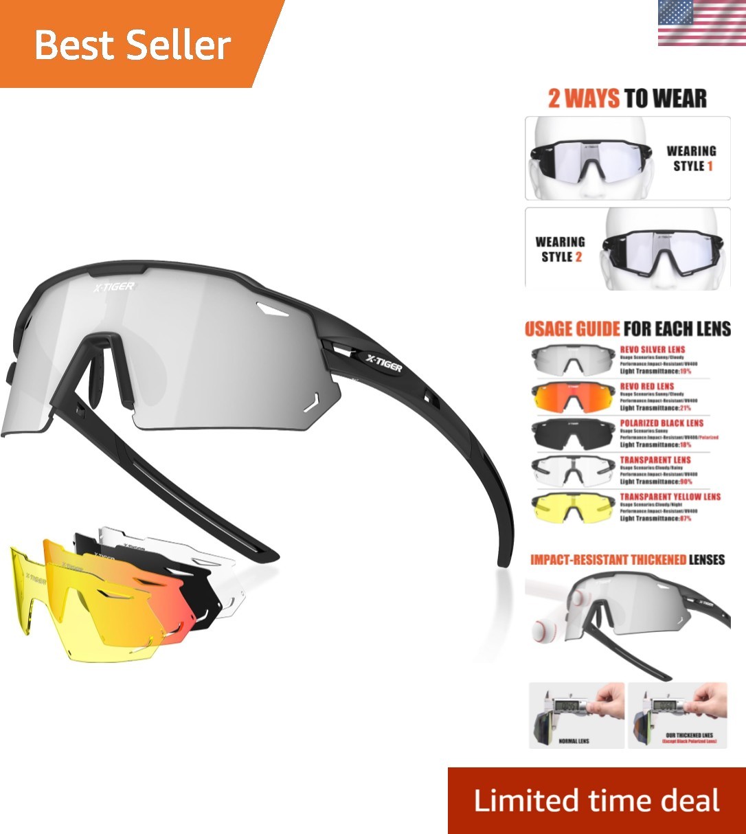 Polarized Cycling Glasses with 5 Interchangeable Lenses,MTB Biking Baseball R...