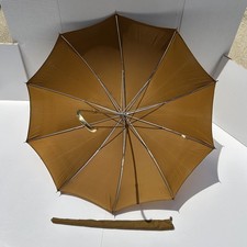 Vintage Brown Stick Umbrella Parasol Gold Curved Crook Handle With Sheath Cover