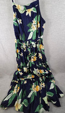 Old Navy Maxi Sun Dress Navy Blue Yellow Floral L Flowy Cottagecore Tiered