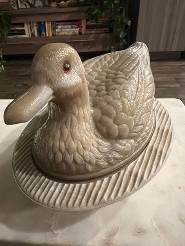 Antique Tiffin Glass Duck On Nest -Covered Dish Milk Glass 1932 -1940 Era