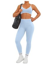 Women Workout Sets 2 Piece Seamless Scrunch Butt Lifting Leggings Large Blue