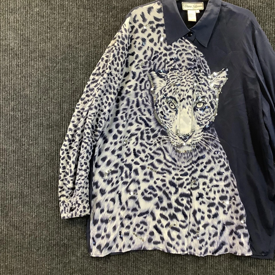 Diane Gilman рубашка женщин 1 X синий шелк леопард блестки кнопка спереди длинным рукавом - Изображение 3 из 4