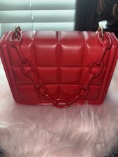 Red Quilted Shoulder Bag Chain Accent Gold Hardware Women's Bag