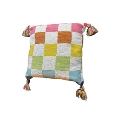 Rainbow Plush Soft Checkerboard Large Accent Pillow Tassel 19” square Home Decor
