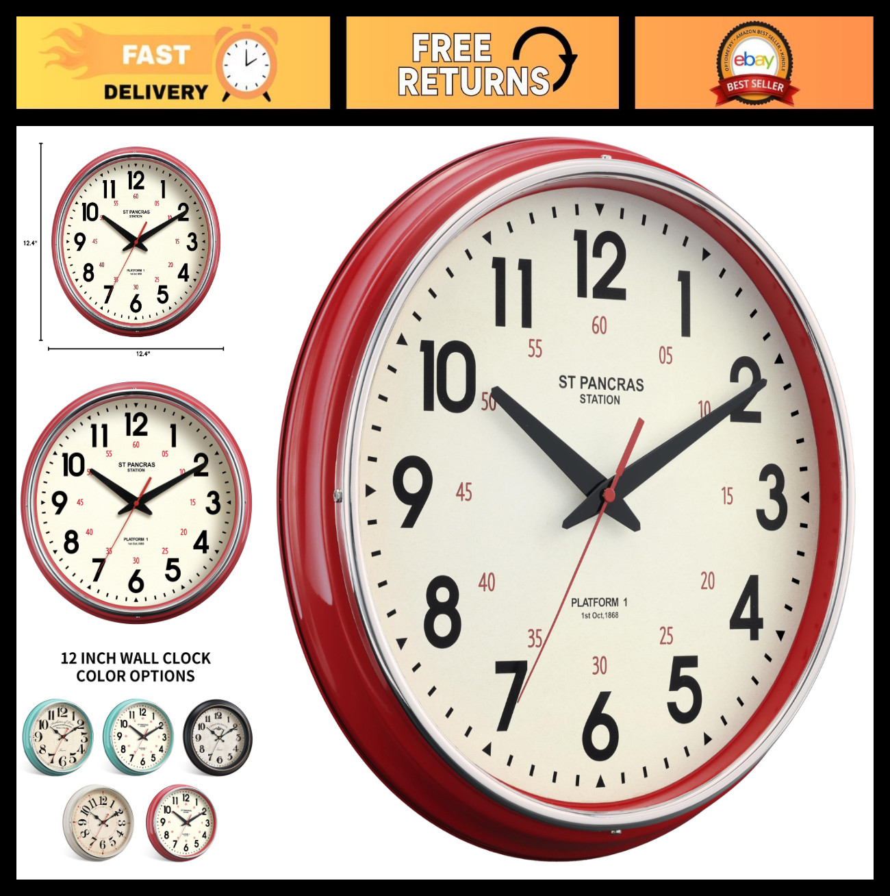 12.4" Retro Metal Wall Clock - Vintage Silent Non-Ticking, Easy to Read for Home