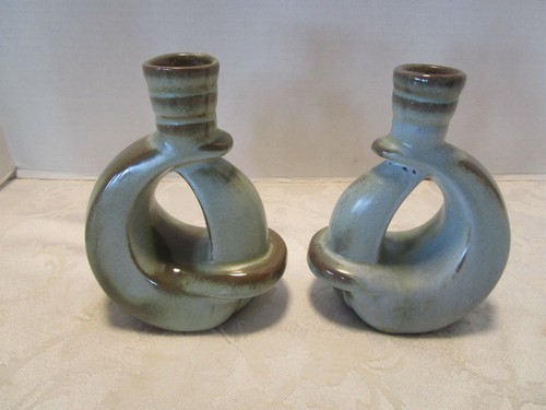 Frankoma Pottery set 2 candlestick holders Woodland Moss Blue glazed #305 1960's - Picture 6 of 9