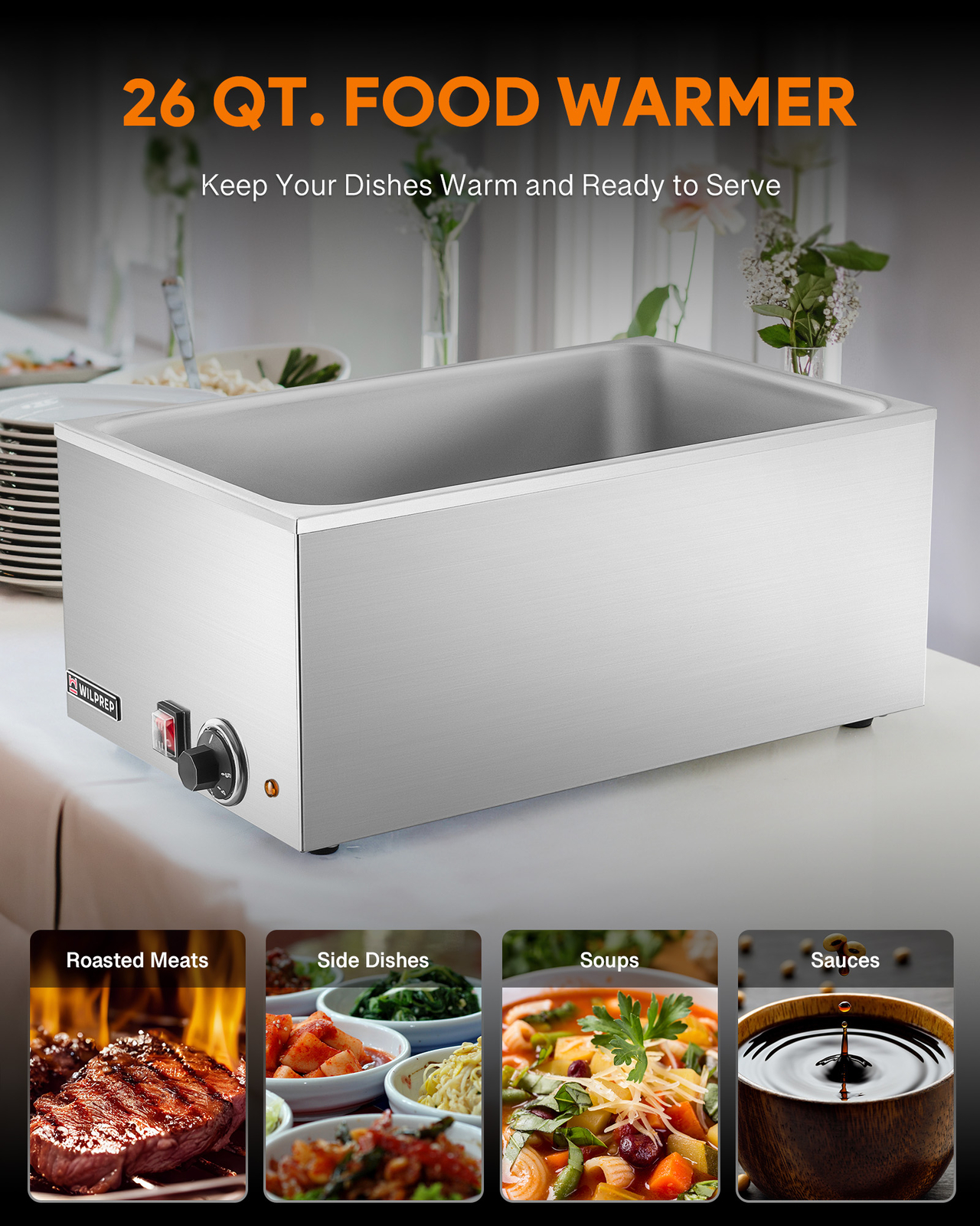 WILPREP 26QT Commercial Food Warmer Full Size Countertop Bain Marie 12x20" 1200W