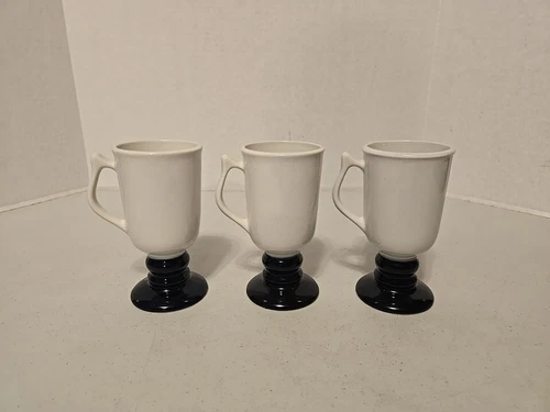 Vintage Hall Pottery #1272 Pedestal Irish Coffee Mugs 8oz Black & White Set of 3