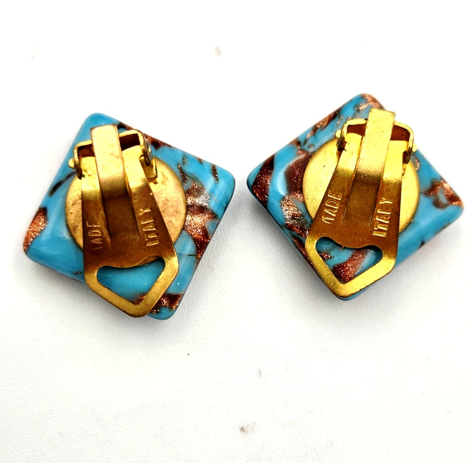Квадратные серьги из муранского художественного стекла с голубым авантюриновым медным акцентом Италия - Изображение 4 из 4