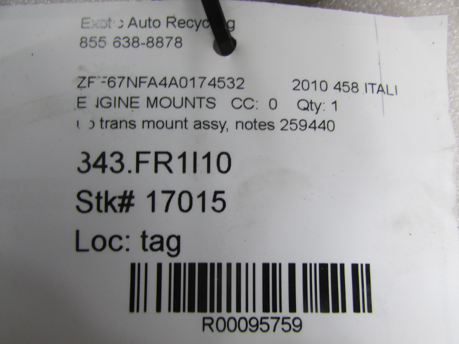 Ferrari 458 Italia, Upper Transmission Mounting Bracket w/ Bushing, Used 259440