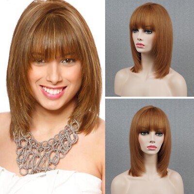 Dark Golden Blonde Layered Bob 100% Human Hair Wig With Bangs None Lace