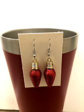 Christmas Holiday Red Glittery Finish Light Bulb Dangle Earrings Handmade New