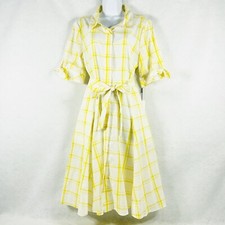 Calvin Klein Dress Womens 14 Yellow White A-Line Button Up Plaid NWT