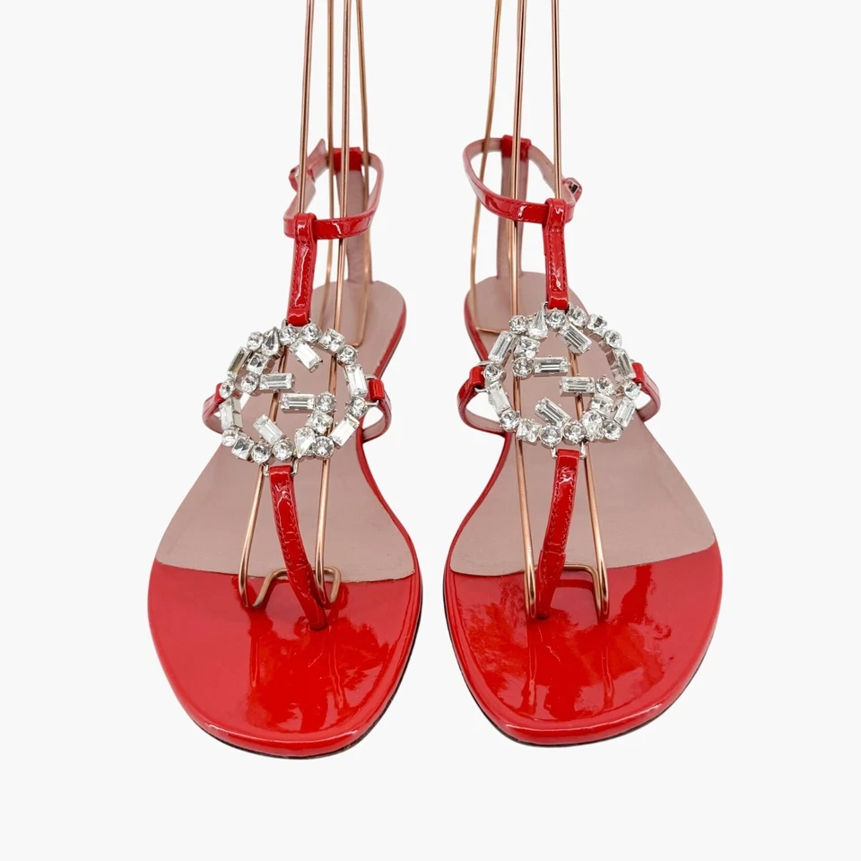 Gucci Crystal GG Interlock T-Strap Sandals EU 37 US 7 Red Patent Flat Logo Thong - Image 3 of 4