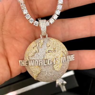5AAA+ CZ Ice Out Hop Hip The World Is Mine Pendant Chain 14k Real Gold Plated