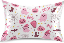 Halloween Pink Ghost Pumpkin Pillow Covers Silk Pillowcase for Hair and Skin Sof