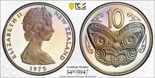 PR68DC 1975 New Zealand 10 Cent Proof, PCGS Trueview- Rainbow Toned SOLO TOP POP