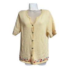 Vtg Y2k Sweater Cardigan M Hand Embroidered Yellow Granny Cottage