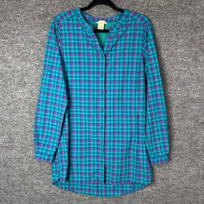 LL Bean Button Down Shirt Womens Medium Teal Purple Plaid Excellent Vented Back