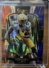 2025 Panini Select Premier Level Jayden Reed #166 Red & Blue Shock Prizm Packers