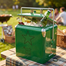 Caja enfriadora de metal Heineken de 14 cuartos de galón vintage retro cofre de hielo barbacoa camping enfriador de cerveza