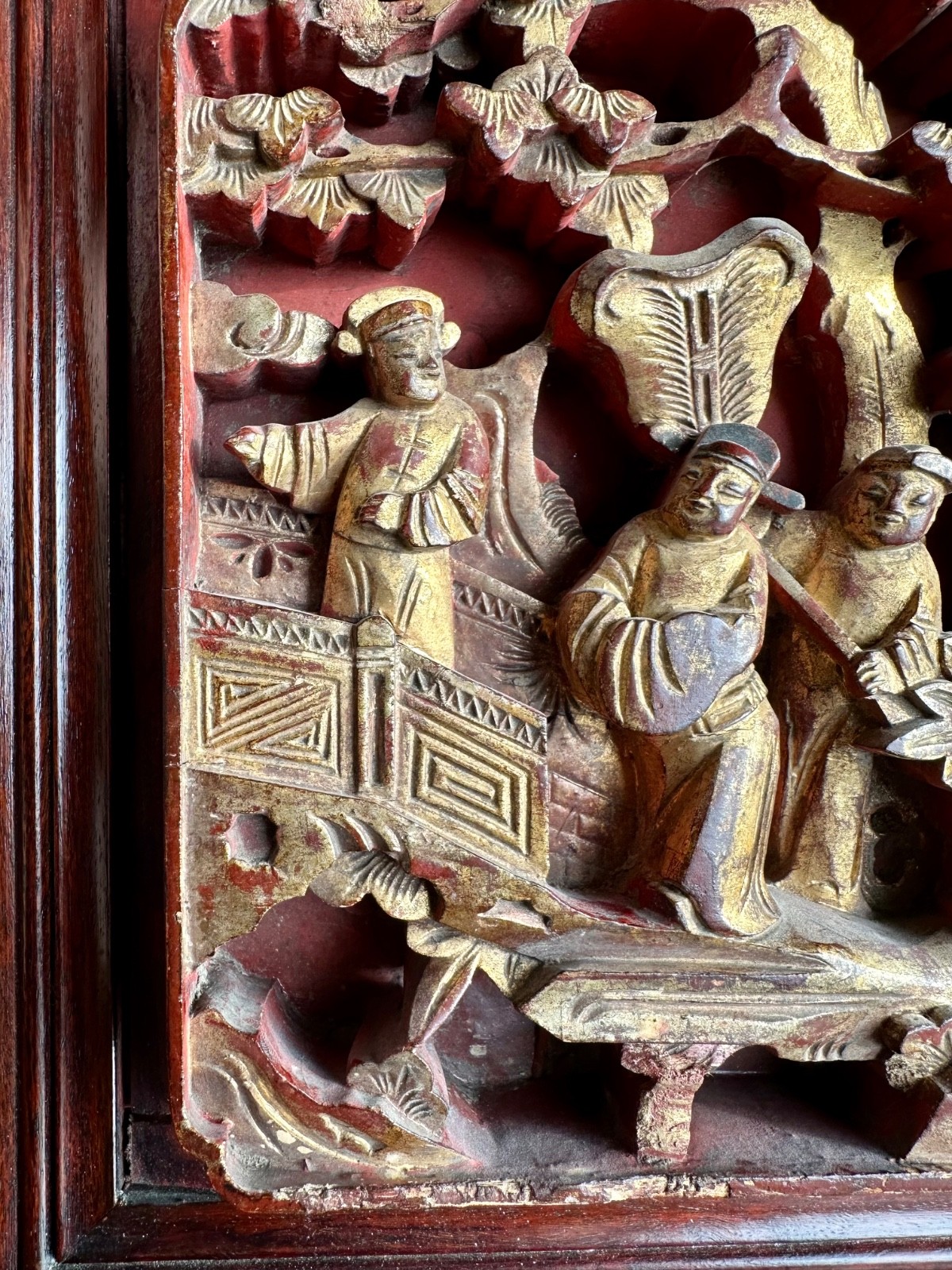 2 Antique Chinese Red & Gilt Wooden Deep Carved Panel Wood 19th Century