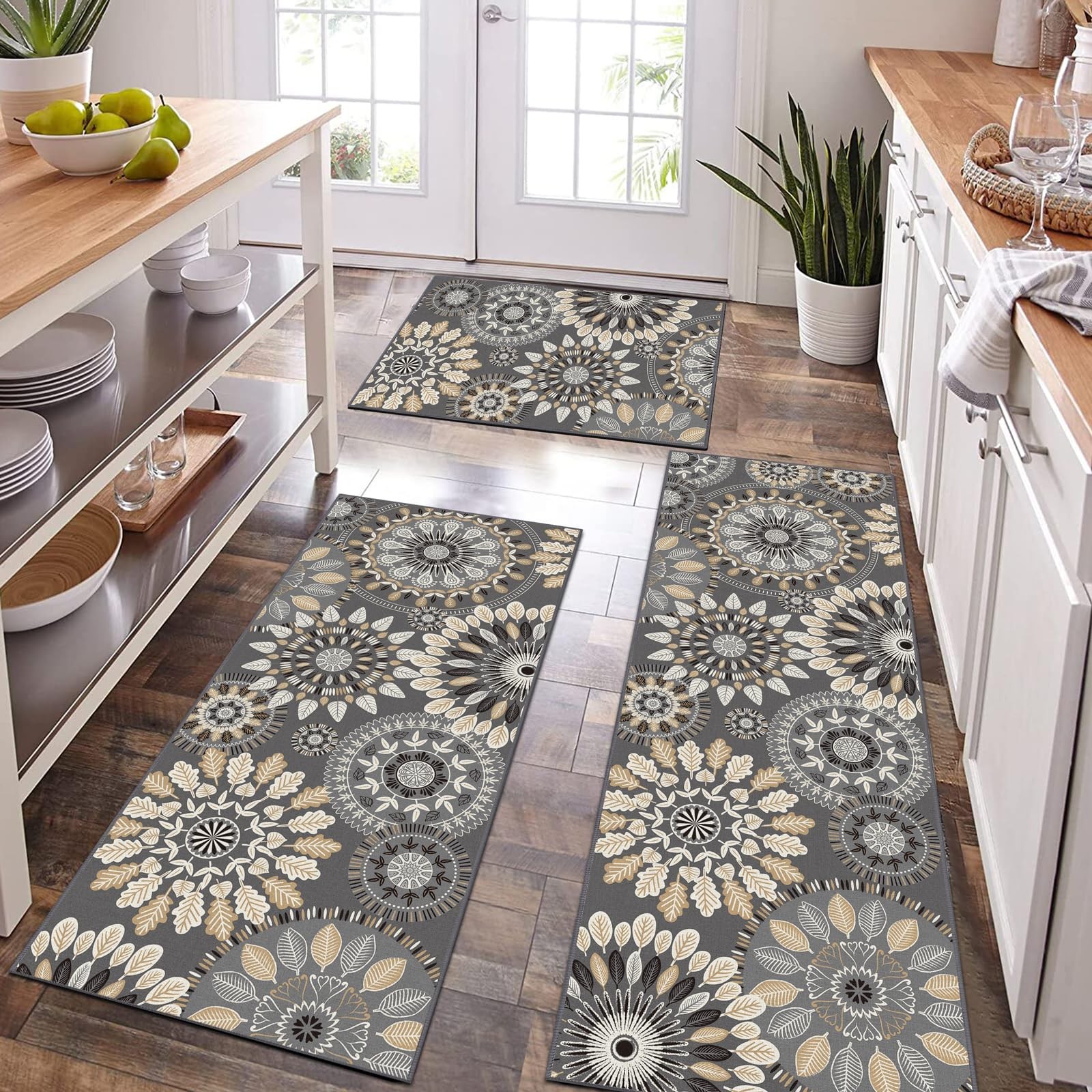 Boho Kitchen Rug Mat Sets 3 Piece, Farmhouse Non Slip Kitchen Rug Runner, Was...