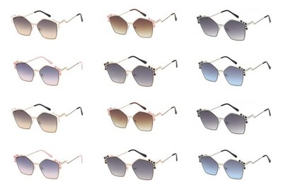 Lot 12 Women's Hexagonal Sunglasses Bulk Metal Frame Gradient Lens Hexagon