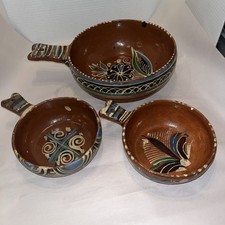 Vintage Mexican Redware Pottery Tlaquepaque 3 Nesting Bowls Mexico Hand Painted