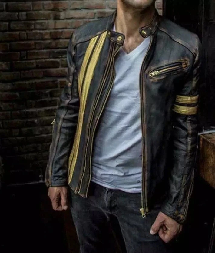 Mens Black Distressed Leather Biker Jacket Vintage Cafe Racer Motorcycle Coat
Opens in a new window