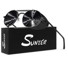 Steampunk Round Polarized Black Frame Black Lens Goggles Sunglasses Men Women