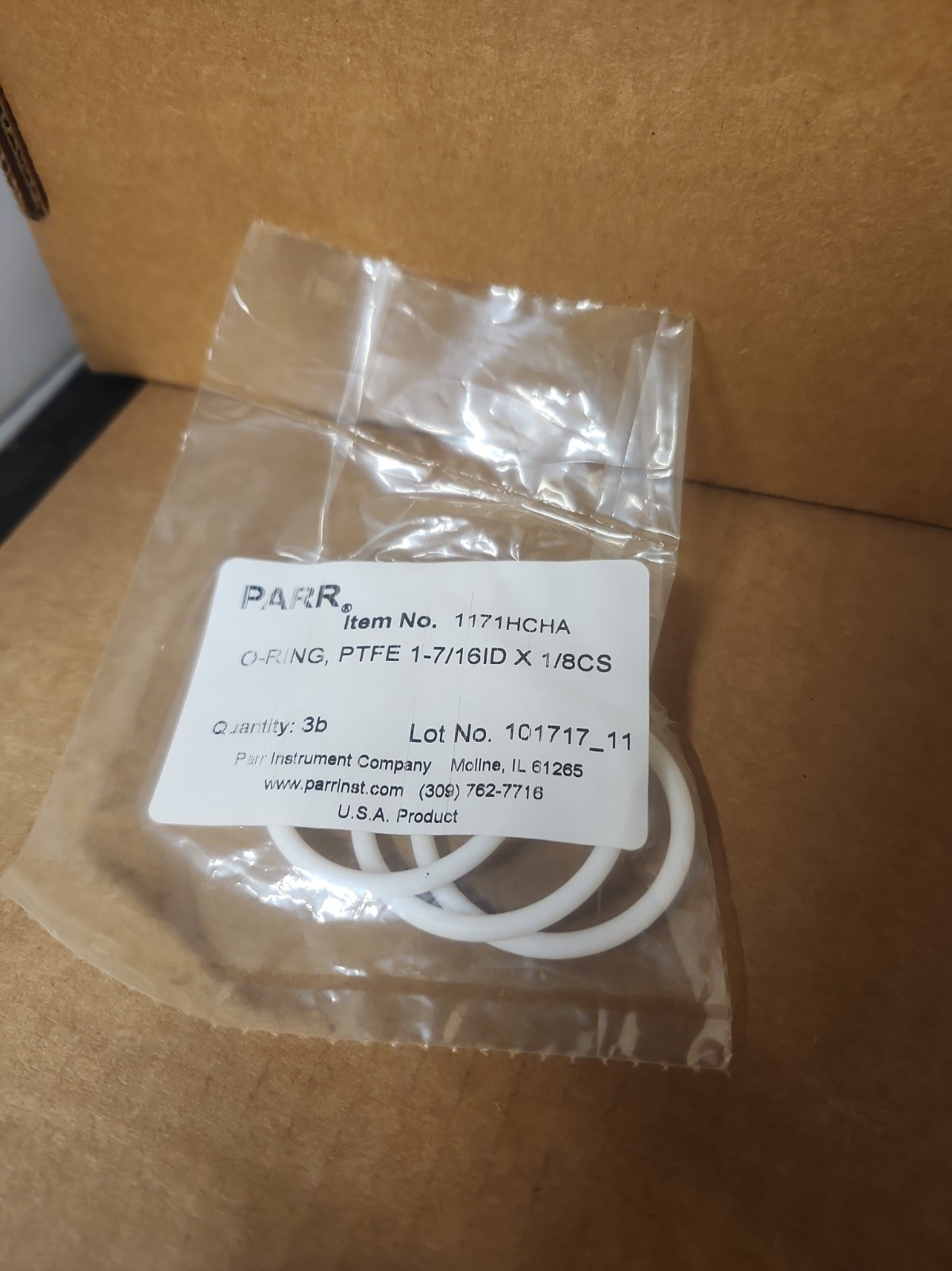Parr Reactor O-Ring, 1171AHCHA, PTFE, 1-7/16” ID x 1/8 CS, New, Pk of 3