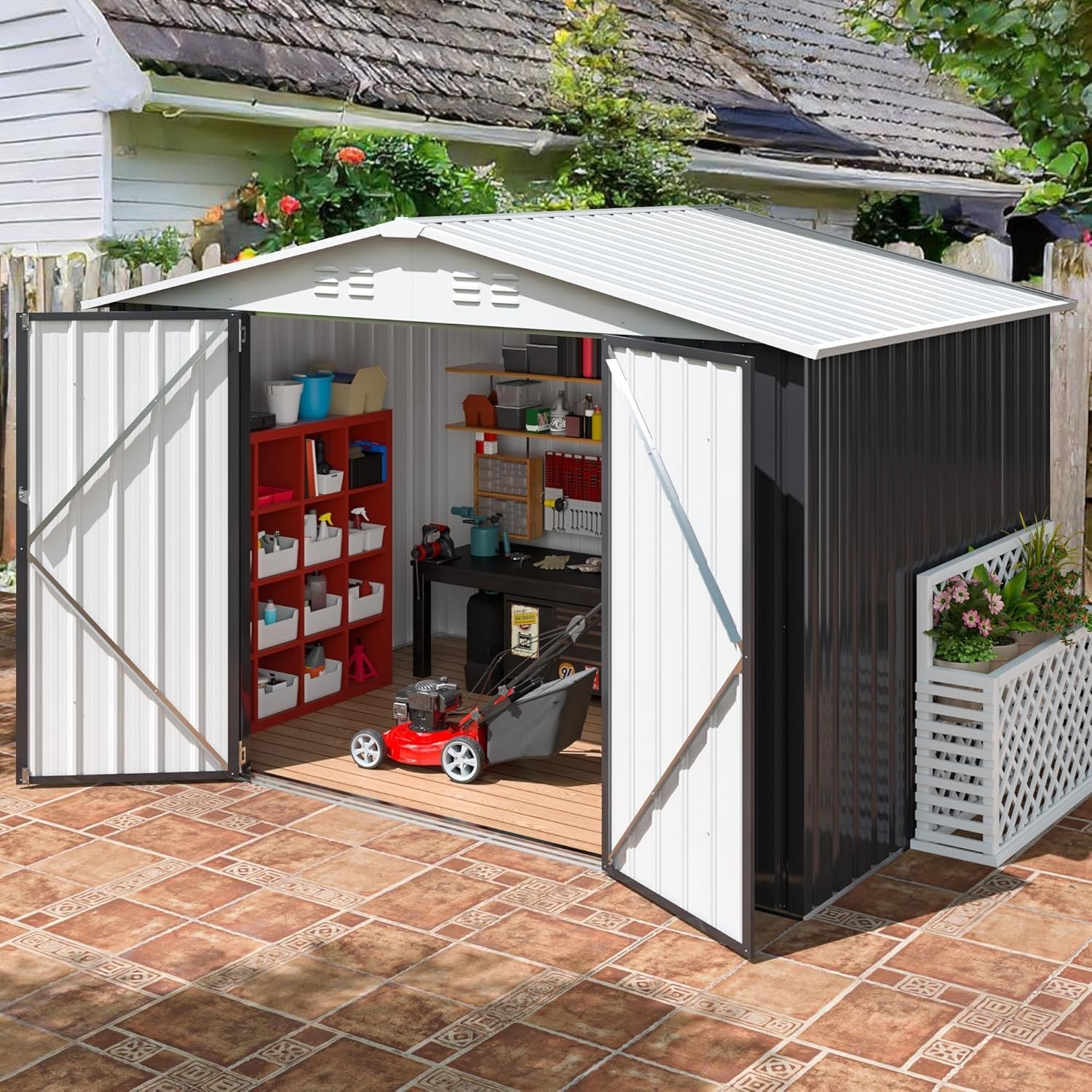 6x8 FT Metal Outdoor Storage Shed with Updated Frame Structure, White