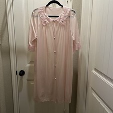 Vintage Lorraine Ice Pink Nylon Nightgown House coat Lace Trim Button Up Size L