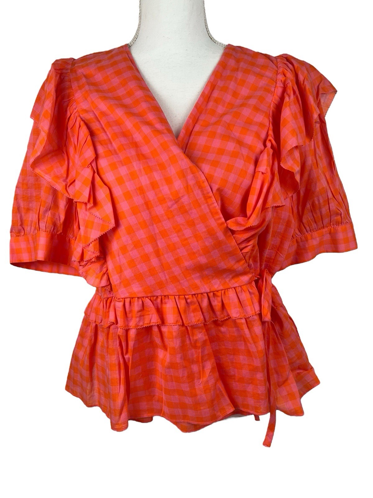 J Crew Women Women's XL Orange Gingham Ruffle Wrap Blouse  