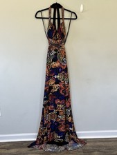 Jovani Beaded Sequin Paisley Open Back Halter Gown Dress Size 2 Black Multicolor