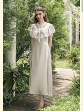LoveShackFancy Women's Kelly Crochet Lace Ruffle Silk Beige Maxi Gown Dress XS